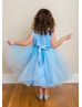 Beaded Blue Lace Tulle Curly Hem Flower Girl Dress